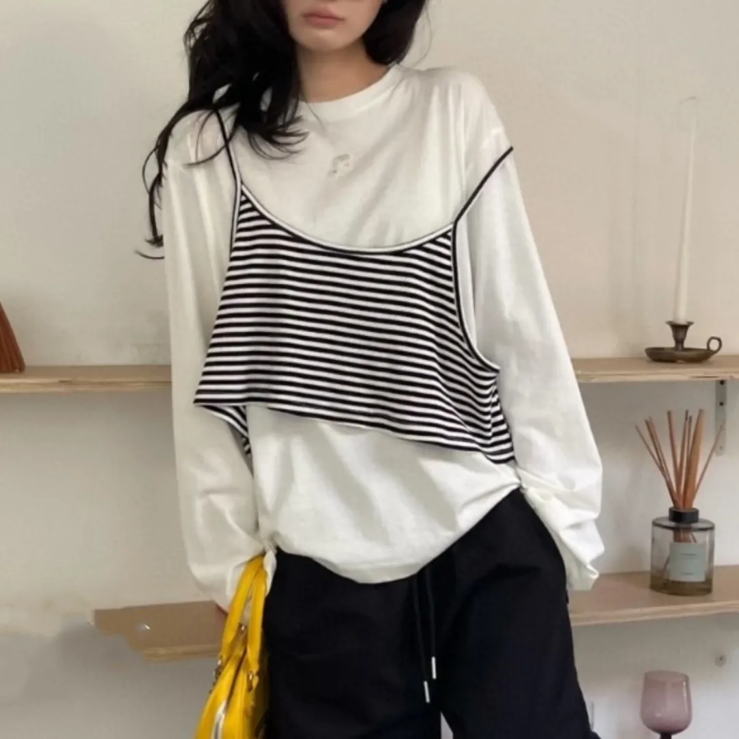 『S-L』気質いい リラックス感 タンクトップ 長袖Tシャツ フェイクレイヤード