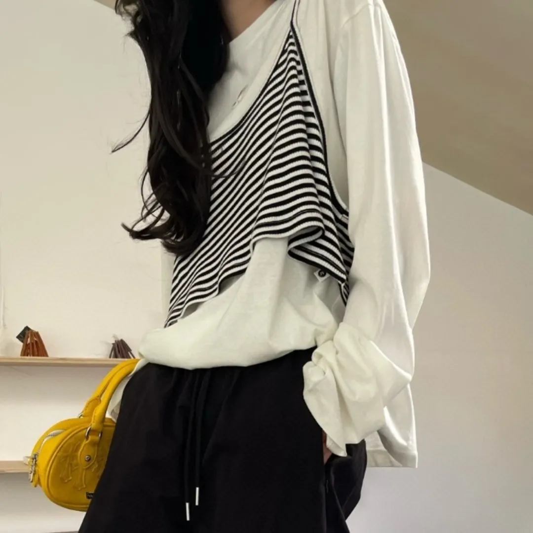 『S-L』気質いい リラックス感 タンクトップ 長袖Tシャツ フェイクレイヤード