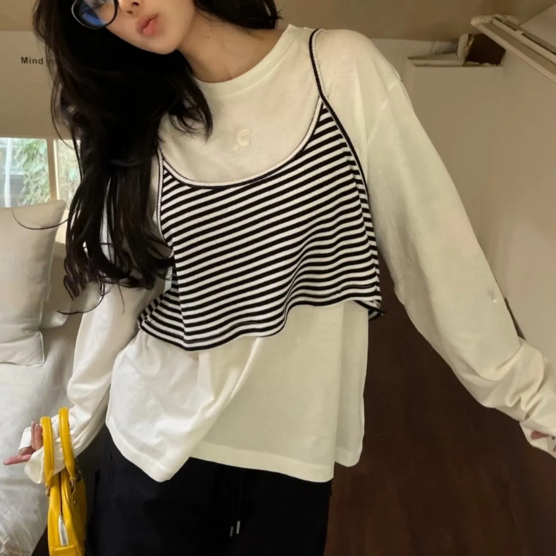 『S-L』気質いい リラックス感 タンクトップ 長袖Tシャツ フェイクレイヤード