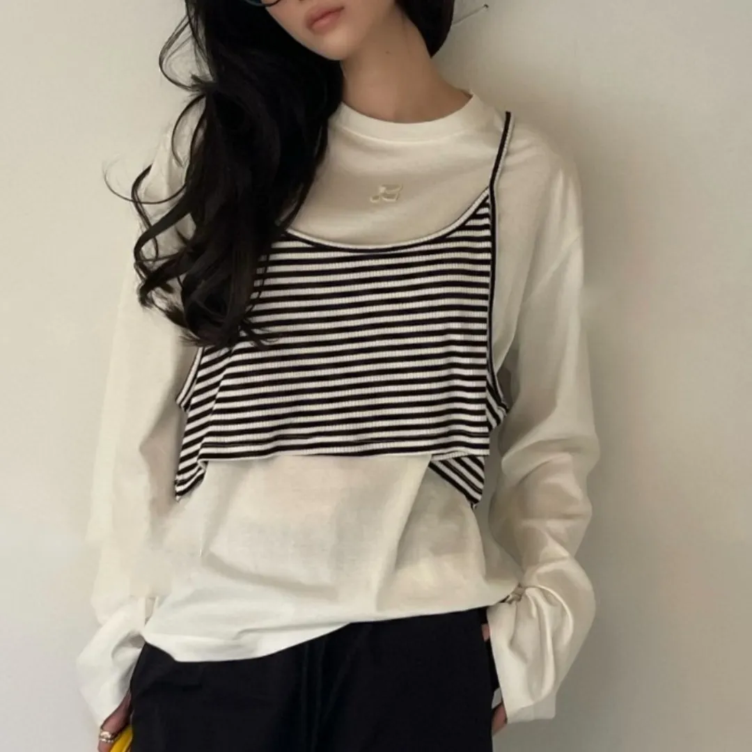 『S-L』気質いい リラックス感 タンクトップ 長袖Tシャツ フェイクレイヤード