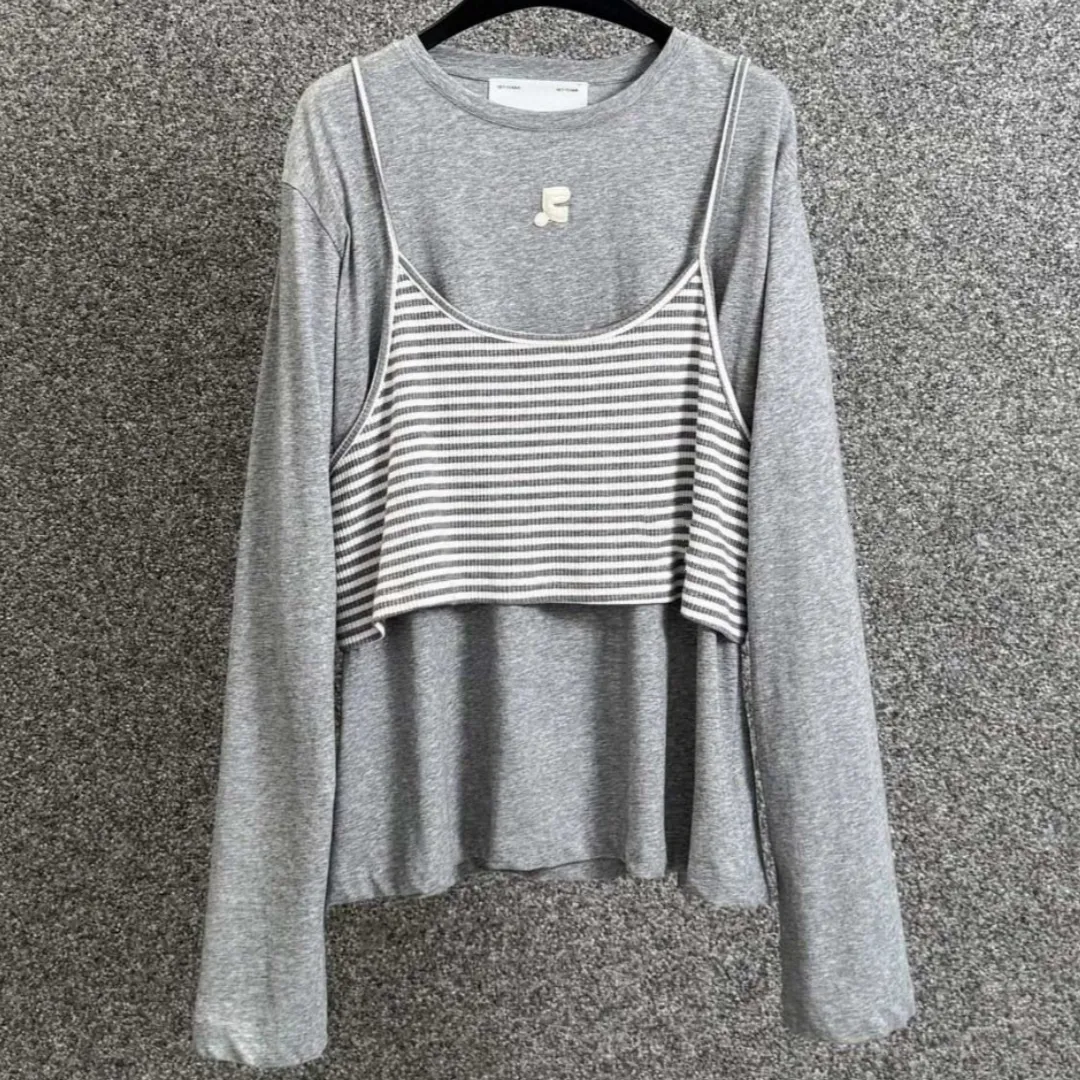 『S-L』気質いい リラックス感 タンクトップ 長袖Tシャツ フェイクレイヤード