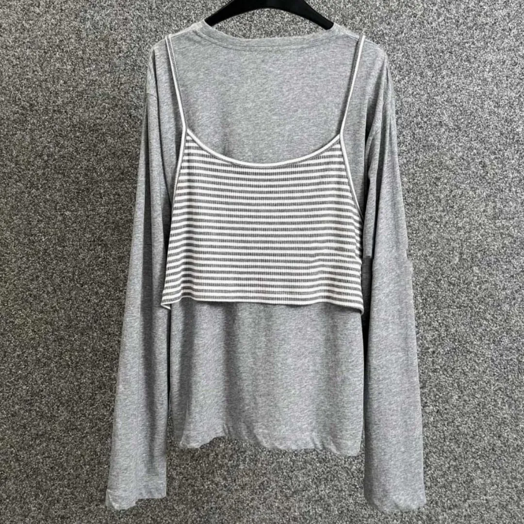 『S-L』気質いい リラックス感 タンクトップ 長袖Tシャツ フェイクレイヤード