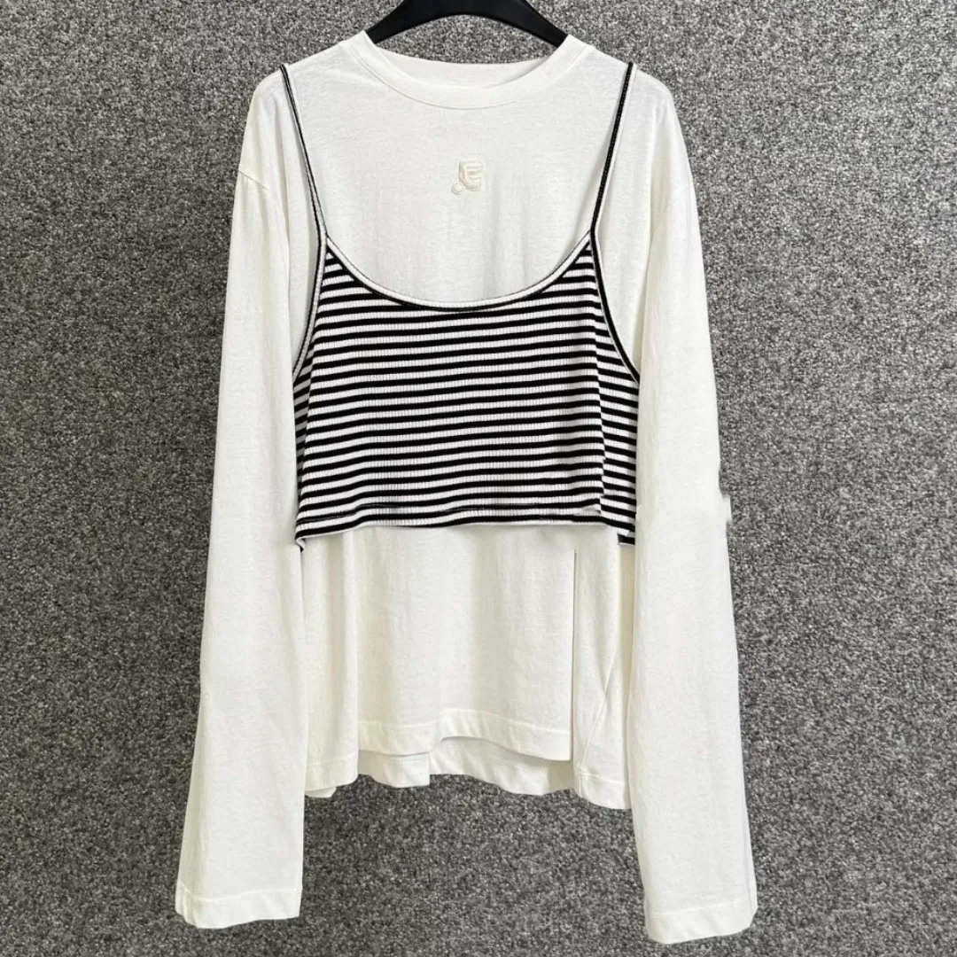 『S-L』気質いい リラックス感 タンクトップ 長袖Tシャツ フェイクレイヤード