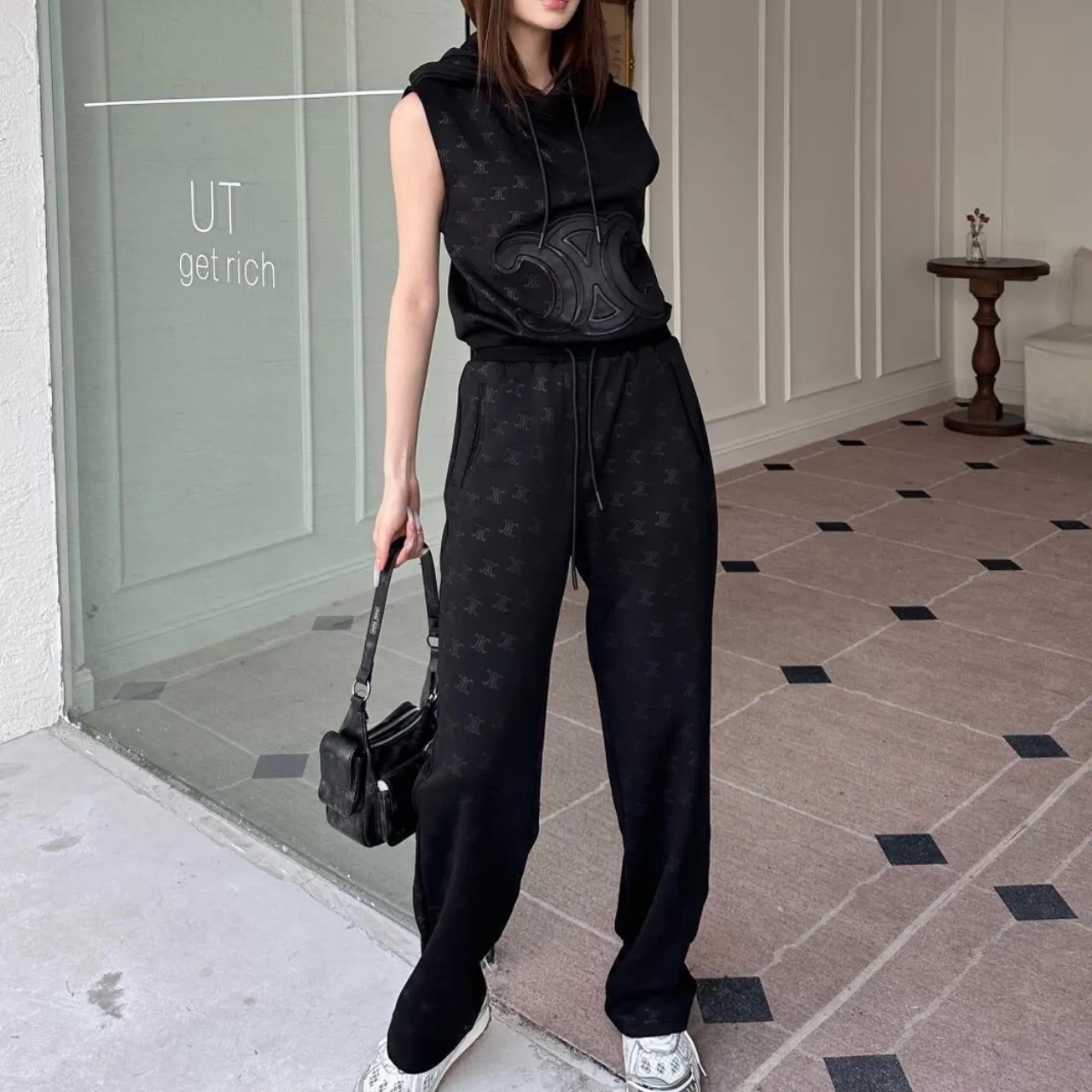 『S-L』早春 クール トレンディ フード付き ノースリーブ トップス ロングパンツ
