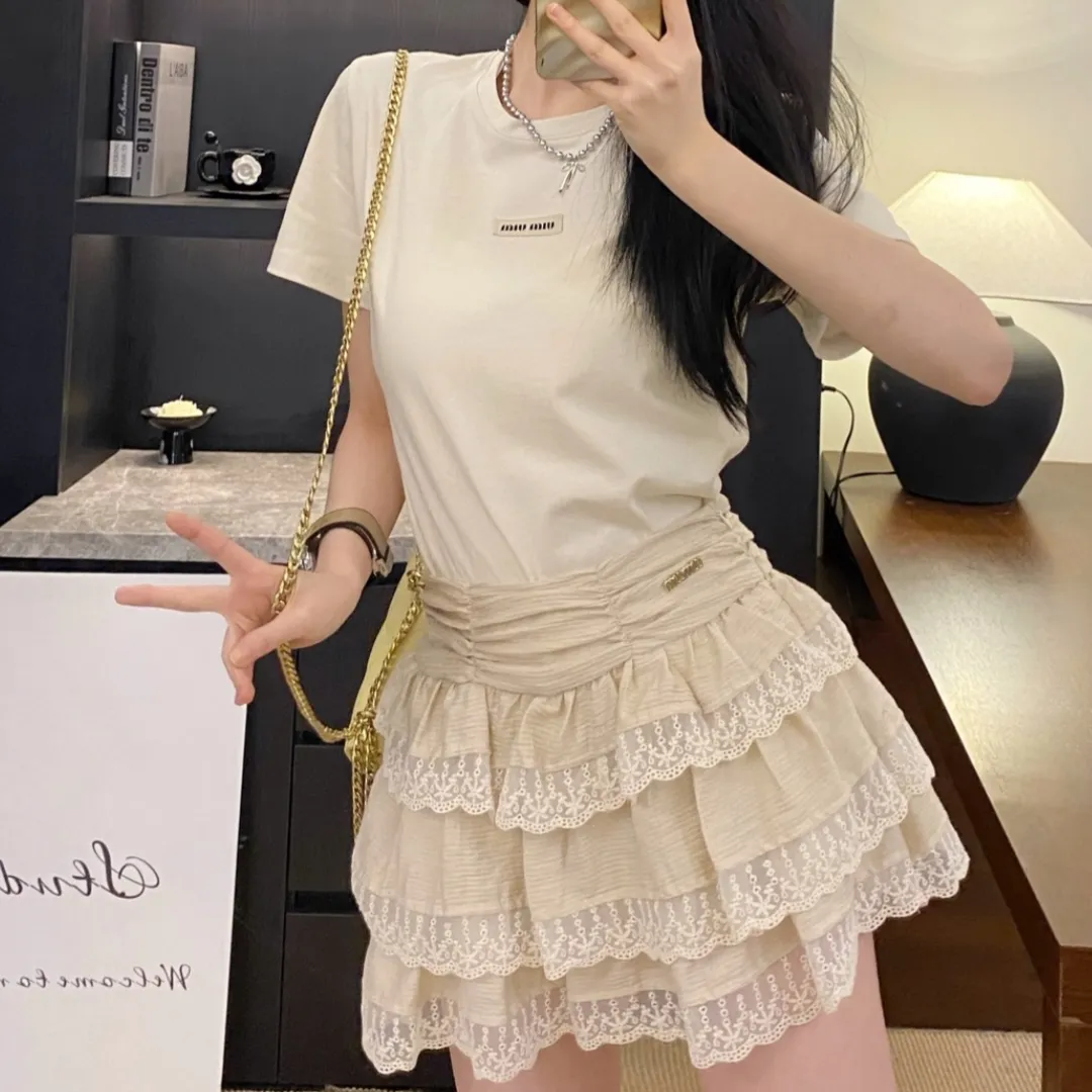 『S-L』早春 新作 甘い 可愛い 少女感 アクティブ 半袖 レースケーキスカート