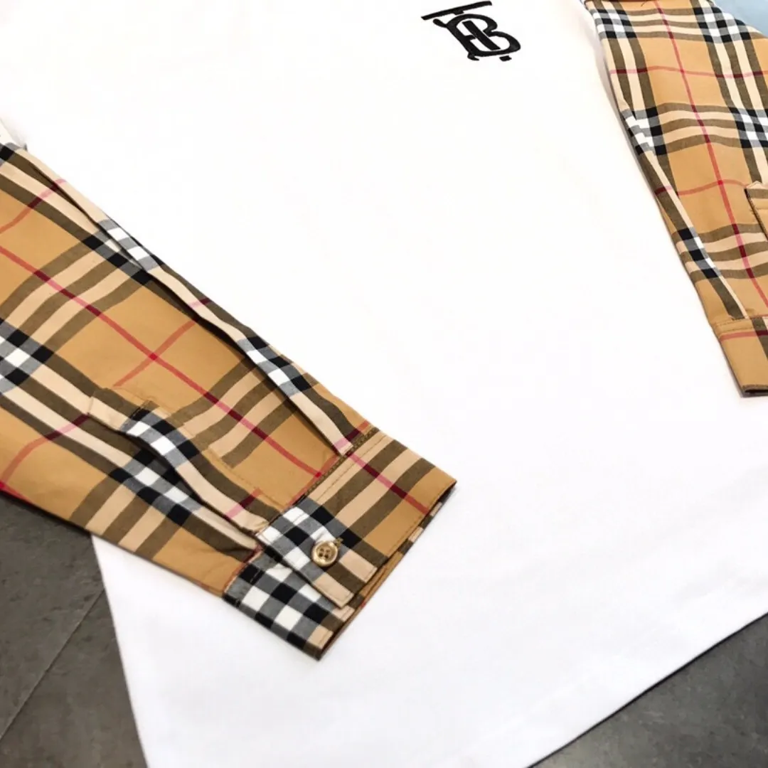 『S-L』通気性 さわやか レター 刺繍 フェイクツーピース チェック 長袖Tシャツ