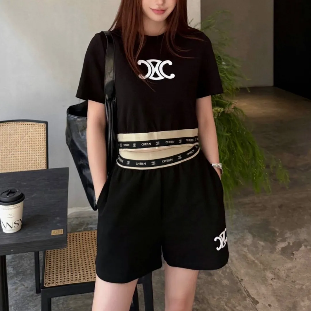 『S-L』凱旋門モチーフ フロッキー装飾 カジュアル 新作Tシャツ ショーツ セットアップ