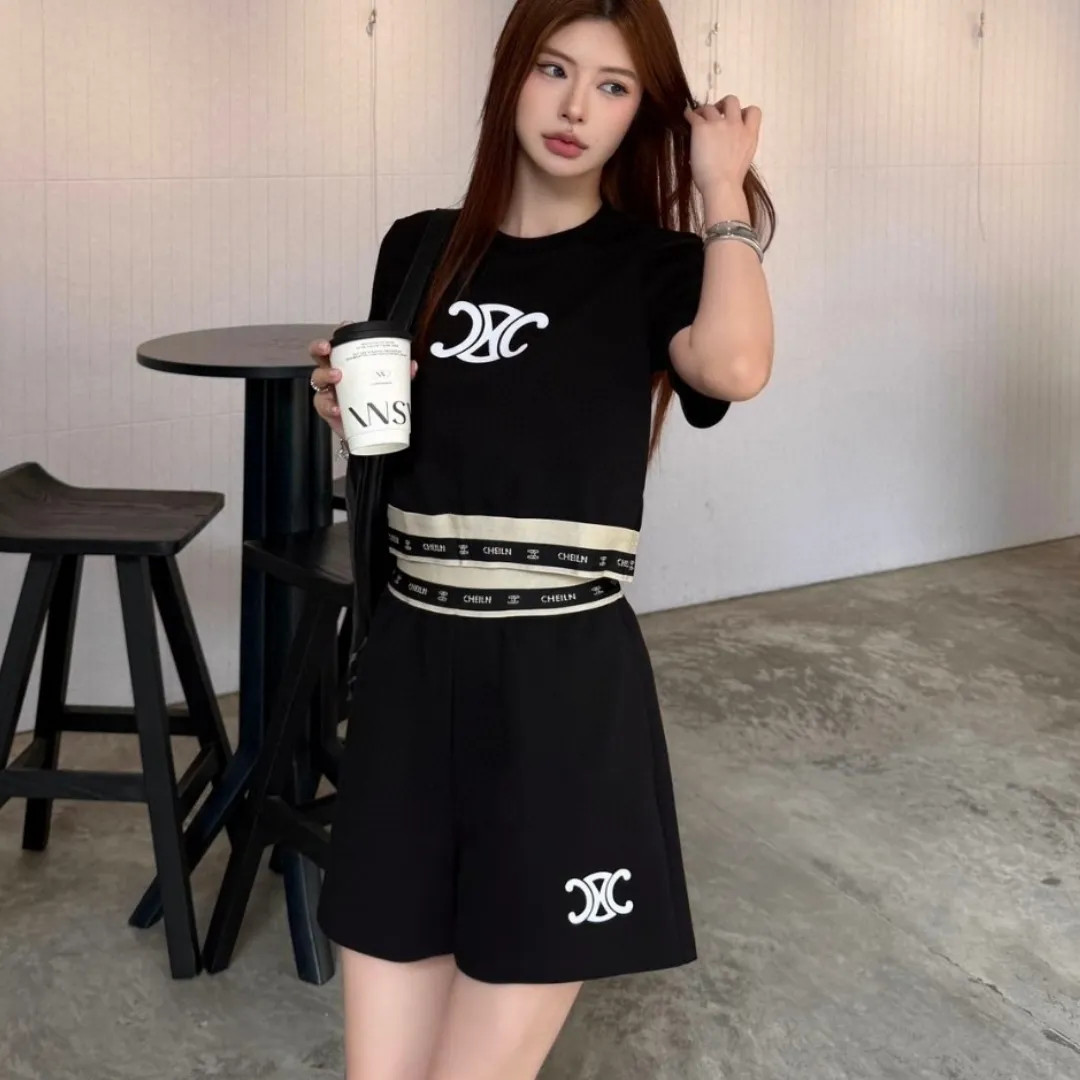 『S-L』凱旋門モチーフ フロッキー装飾 カジュアル 新作Tシャツ ショーツ セットアップ