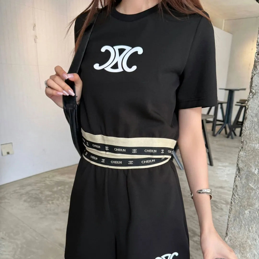 『S-L』凱旋門モチーフ フロッキー装飾 カジュアル 新作Tシャツ ショーツ セットアップ