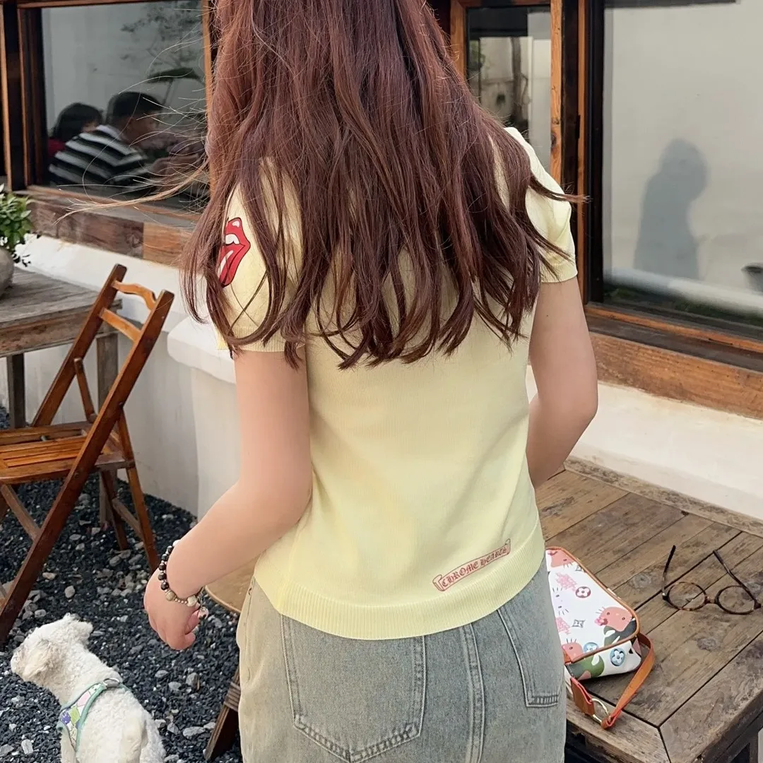 『フリーサイズ』超人気商品 質感のいい サンスクリット文字 唇のプリント  ニット 半袖Tシャツ
