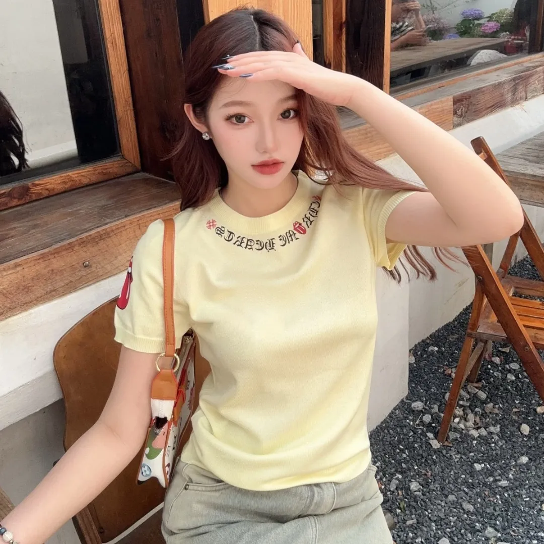 『フリーサイズ』超人気商品 質感のいい サンスクリット文字 唇のプリント  ニット 半袖Tシャツ