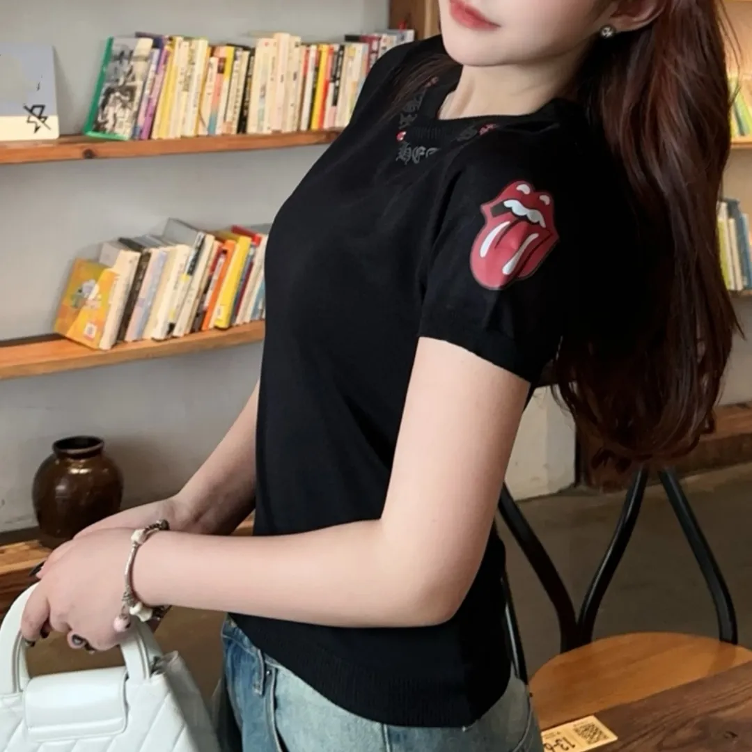 『フリーサイズ』超人気商品 質感のいい サンスクリット文字 唇のプリント  ニット 半袖Tシャツ