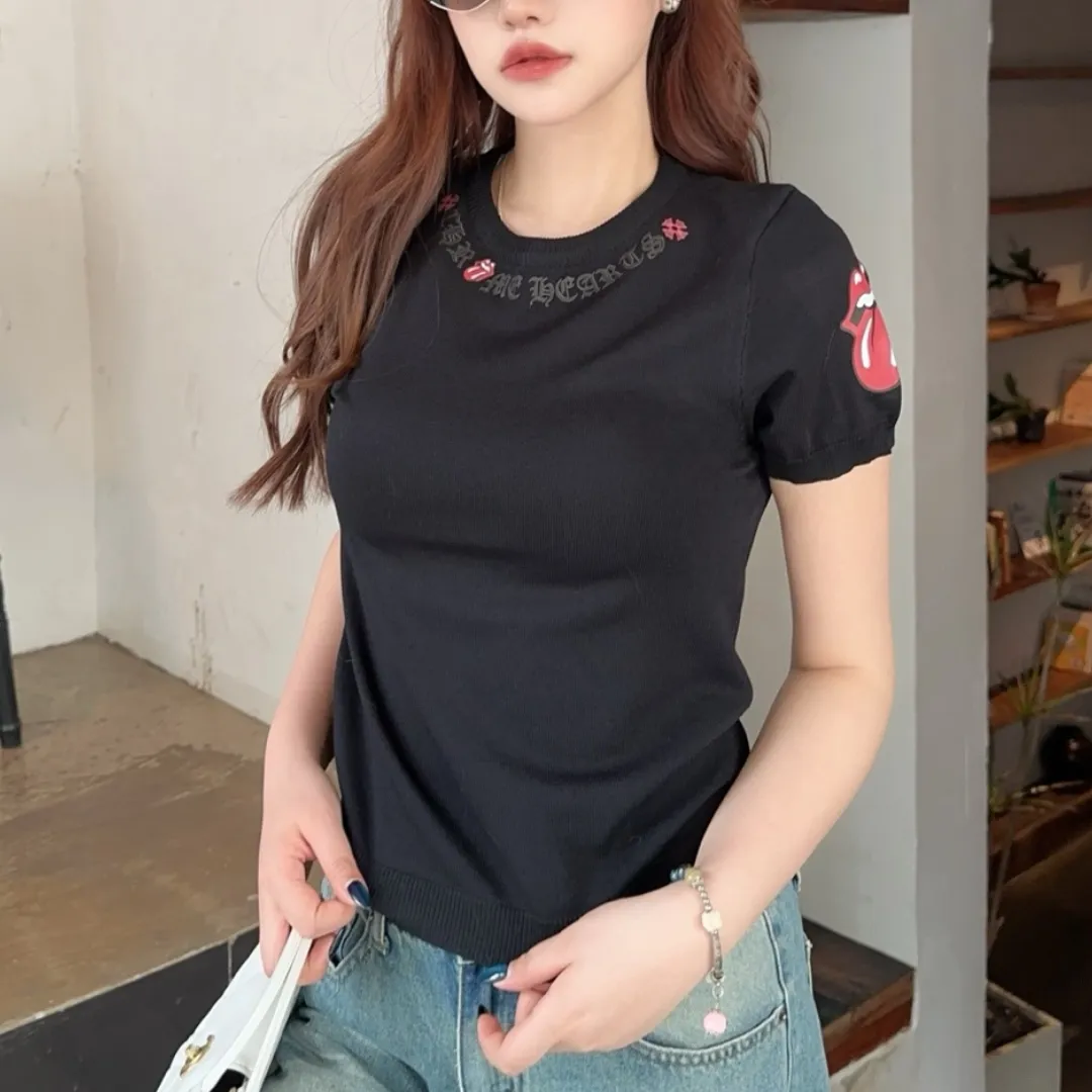 『フリーサイズ』超人気商品 質感のいい サンスクリット文字 唇のプリント  ニット 半袖Tシャツ