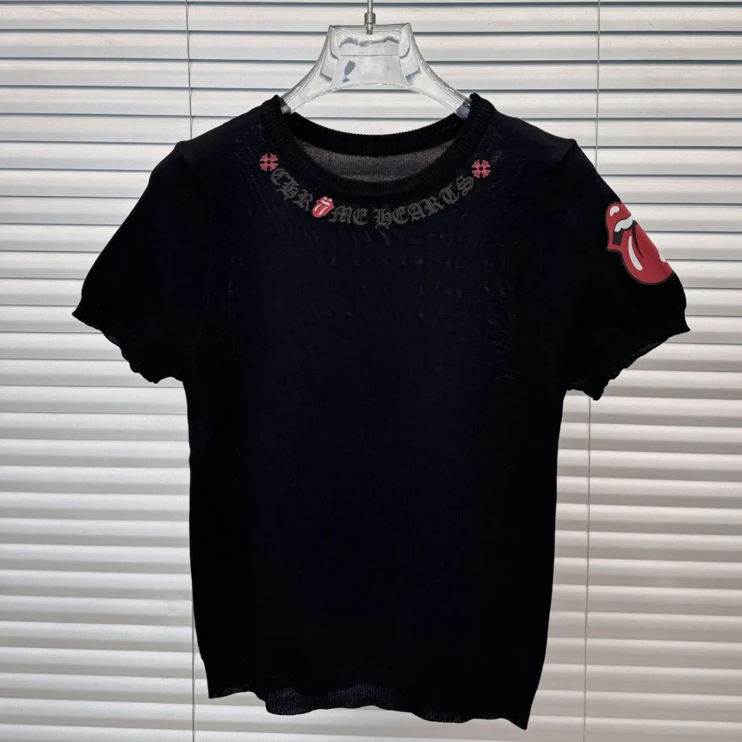 『フリーサイズ』超人気商品 質感のいい サンスクリット文字 唇のプリント  ニット 半袖Tシャツ