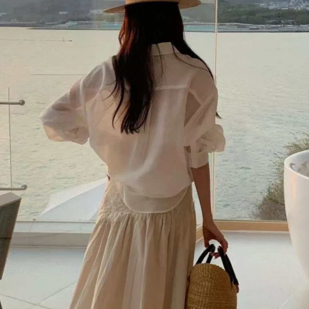 『S-L』UVカット 絶美 通気性 さっぱり 微透け 軽薄 刺繍 紫外線防止 シャツ