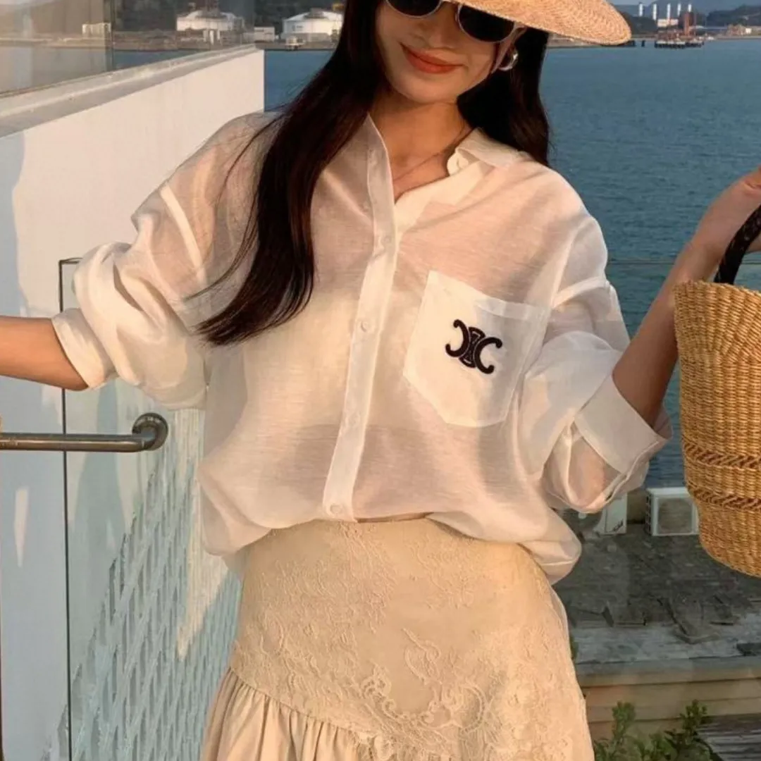 『S-L』UVカット 絶美 通気性 さっぱり 微透け 軽薄 刺繍 紫外線防止 シャツ