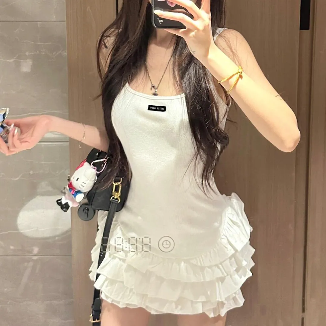 『S-L』少女らしさ満点 質感が良い 脚長効果 裾のプリーツ ケーキスカート キャミソールドレス