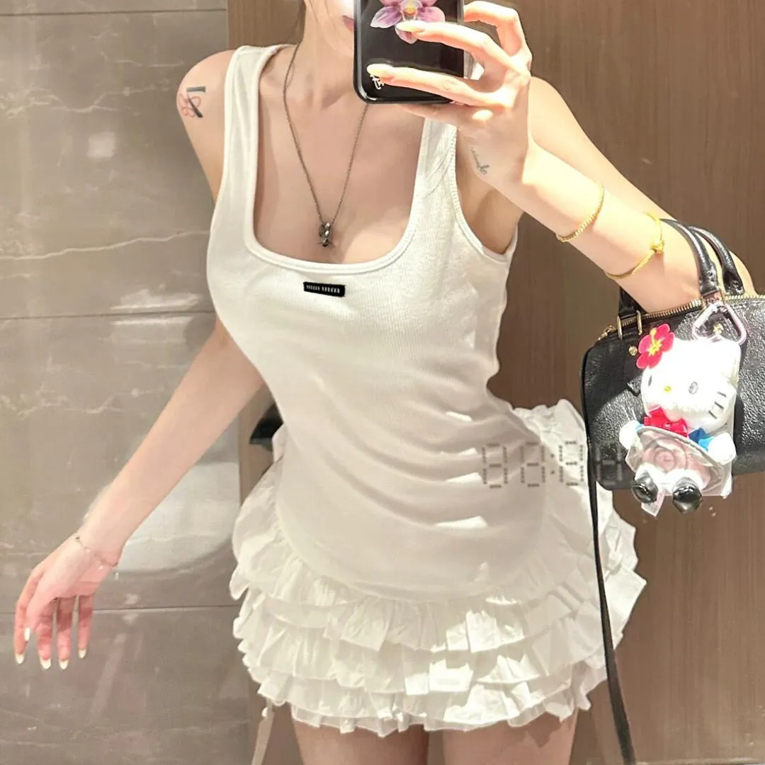 『S-L』少女らしさ満点 質感が良い 脚長効果 裾のプリーツ ケーキスカート キャミソールドレス