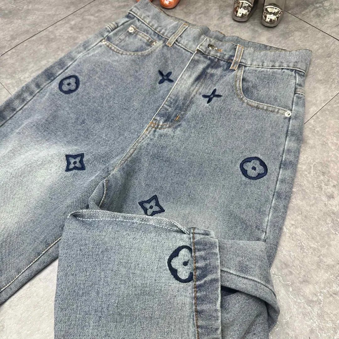 『S-L』高見えデザイン 洗練されたデザイン 新作 フル刺繍 綿100% ウォッシュ ジーンズ
