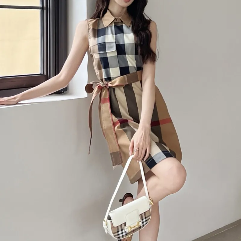『S-L』春夏新作 大人可愛いレトロスタイルクラシックチェックシャツワンピ
