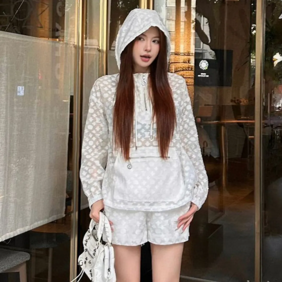 『S-L』上品 クラシック モノグラム ジャカード フード付き UVカット スウェット ショーツ セットアップ