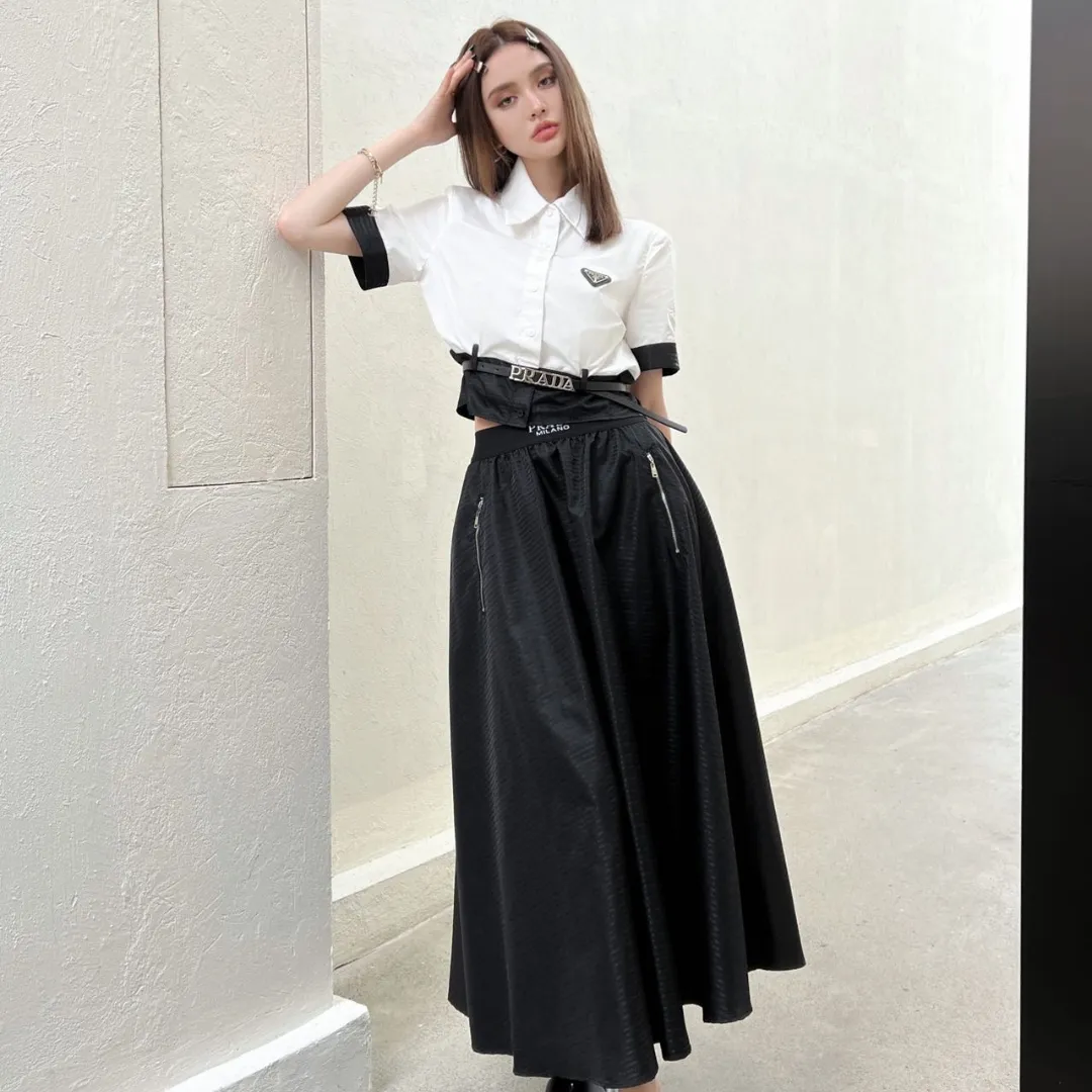 『S-L』春夏 新作 クラシック 三角バッジ ベルトシャツ ジッパー ジャカード ナイロンスカート セットアップ