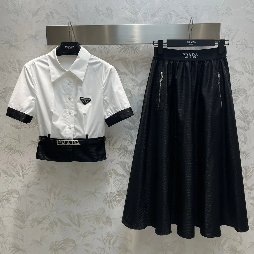 『S-L』春夏 新作 クラシック 三角バッジ ベルトシャツ ジッパー ジャカード ナイロンスカート セットアップ