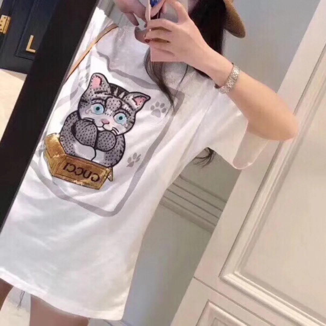 『フリーサイズ』スパンコール 刺繍パッチ プリント かわいい 綿100% 通気性 猫肉球 猫Tシャツ