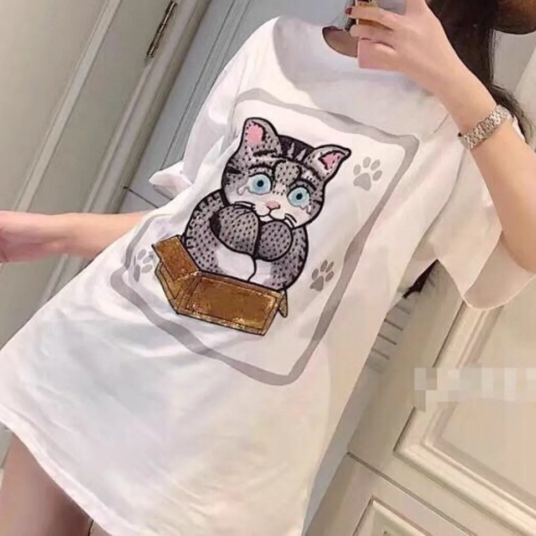 『フリーサイズ』スパンコール 刺繍パッチ プリント かわいい 綿100% 通気性 猫肉球 猫Tシャツ