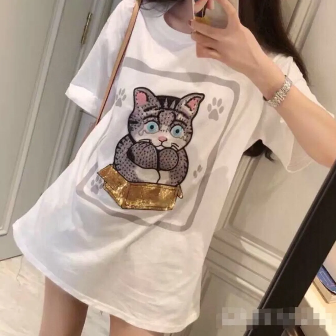 『フリーサイズ』スパンコール 刺繍パッチ プリント かわいい 綿100% 通気性 猫肉球 猫Tシャツ