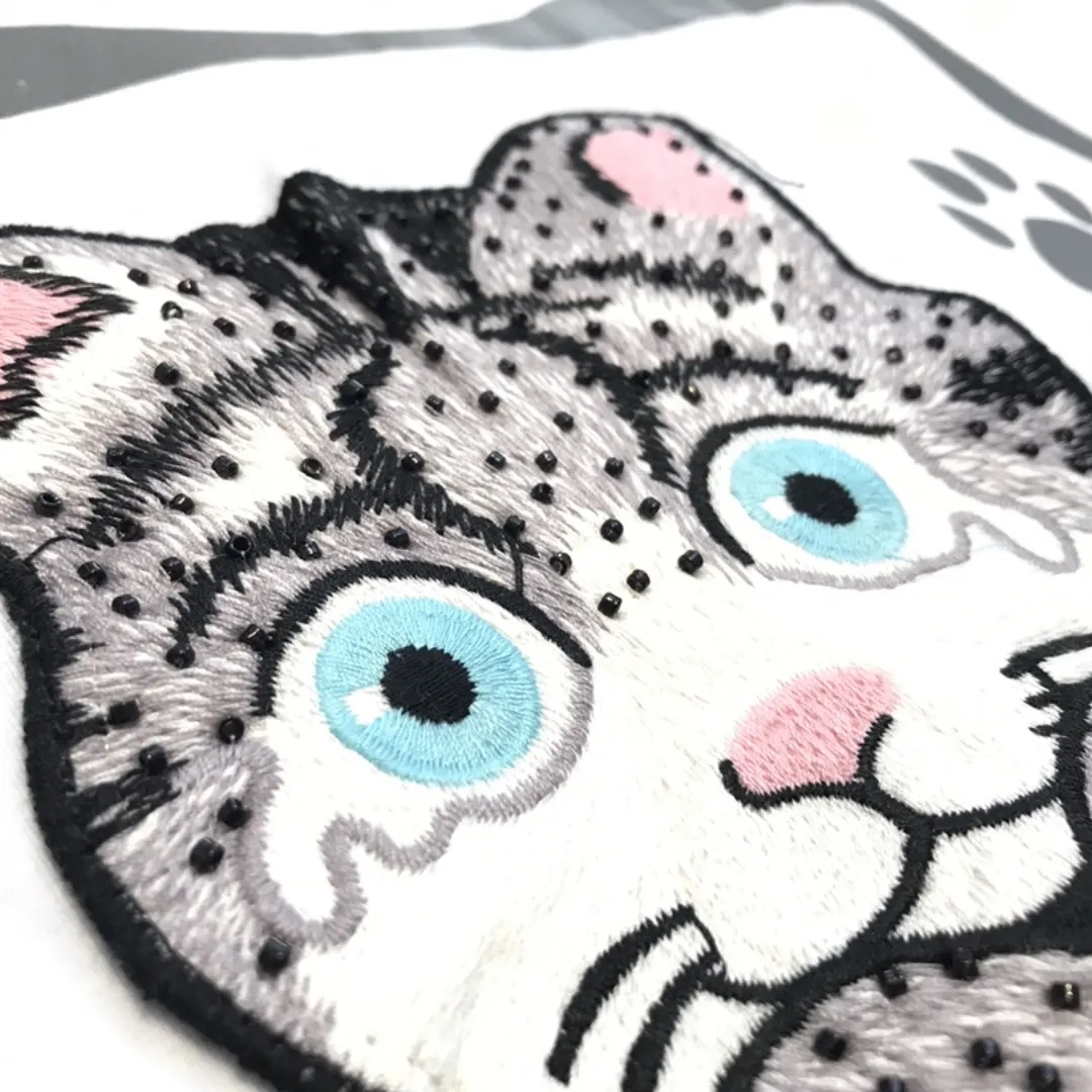 『フリーサイズ』スパンコール 刺繍パッチ プリント かわいい 綿100% 通気性 猫肉球 猫Tシャツ