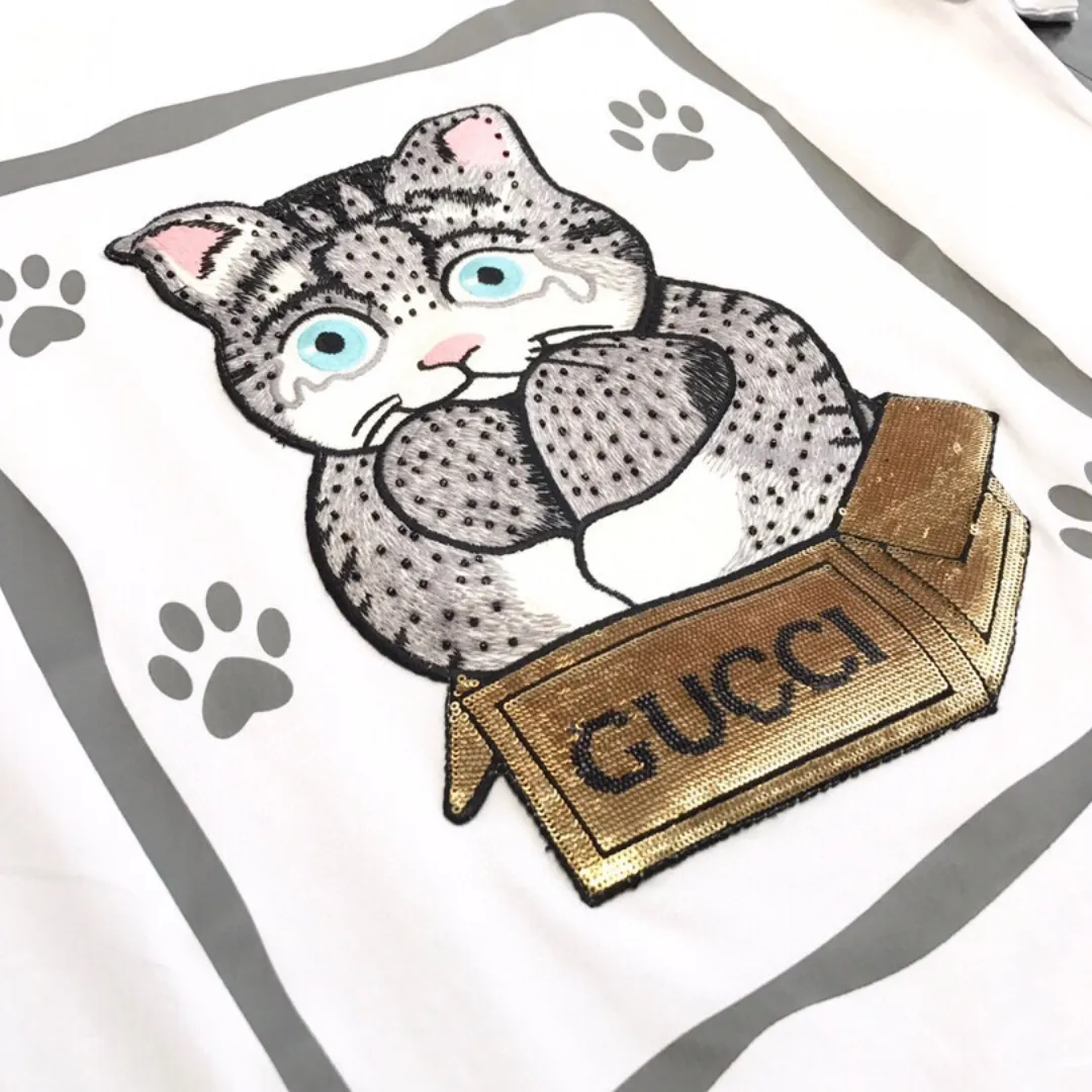 『フリーサイズ』スパンコール 刺繍パッチ プリント かわいい 綿100% 通気性 猫肉球 猫Tシャツ