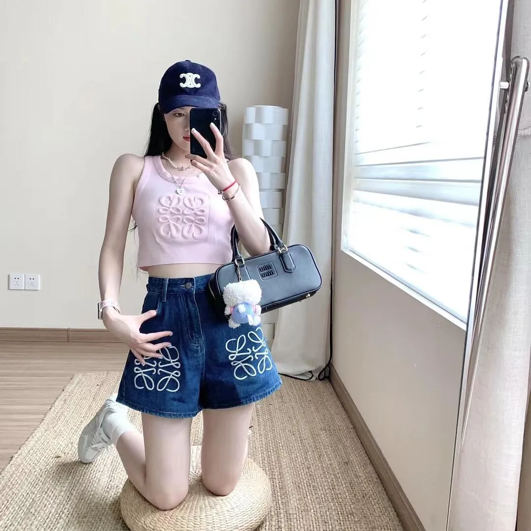 『S-XL』春 新作 ロゴ刺繍 ハイウエスト スリム デニム ショートパンツ