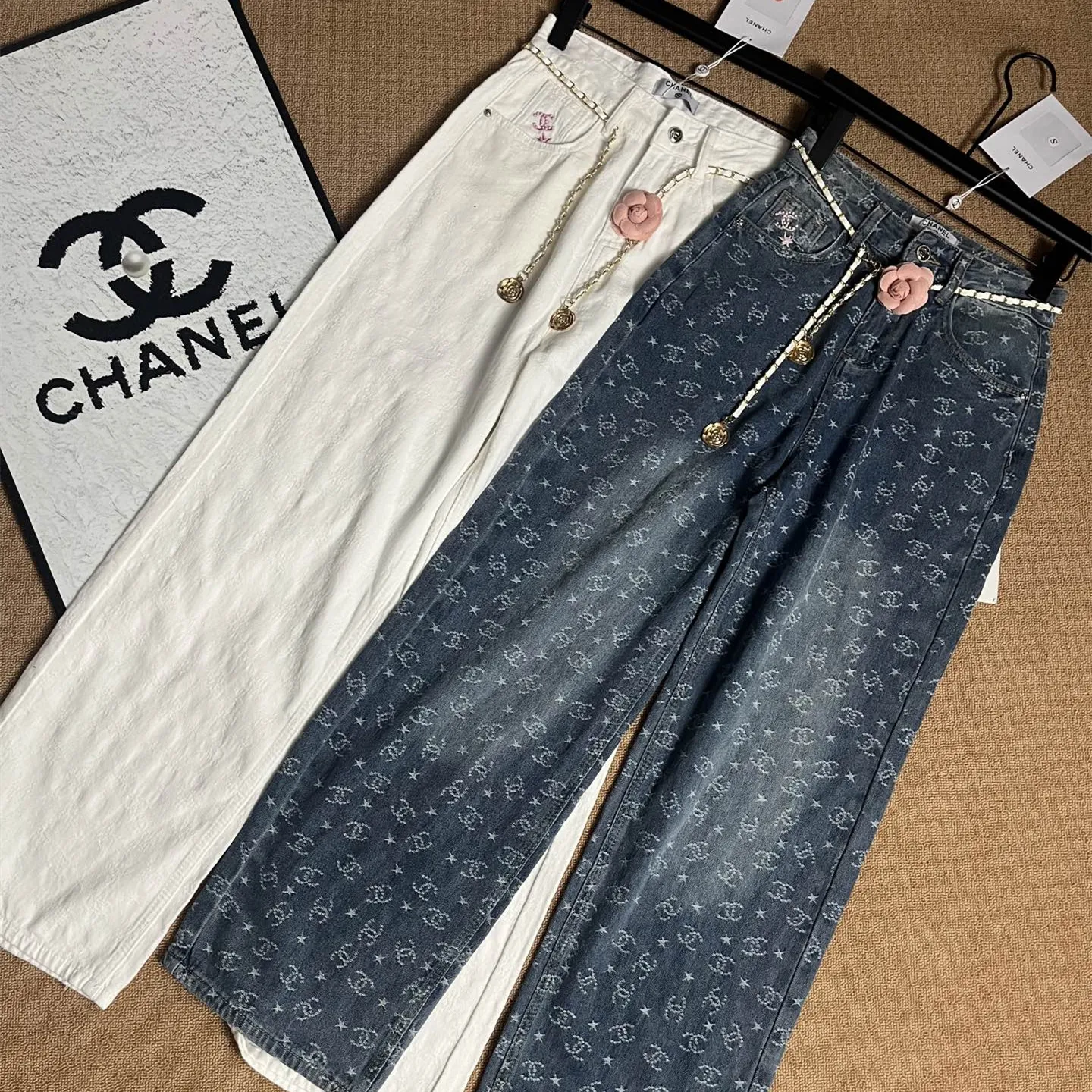 『S-XL』ウエストチェーン おしゃれ 甘カワ 快適 ジャカード フルプリント デニム ワイドパンツ