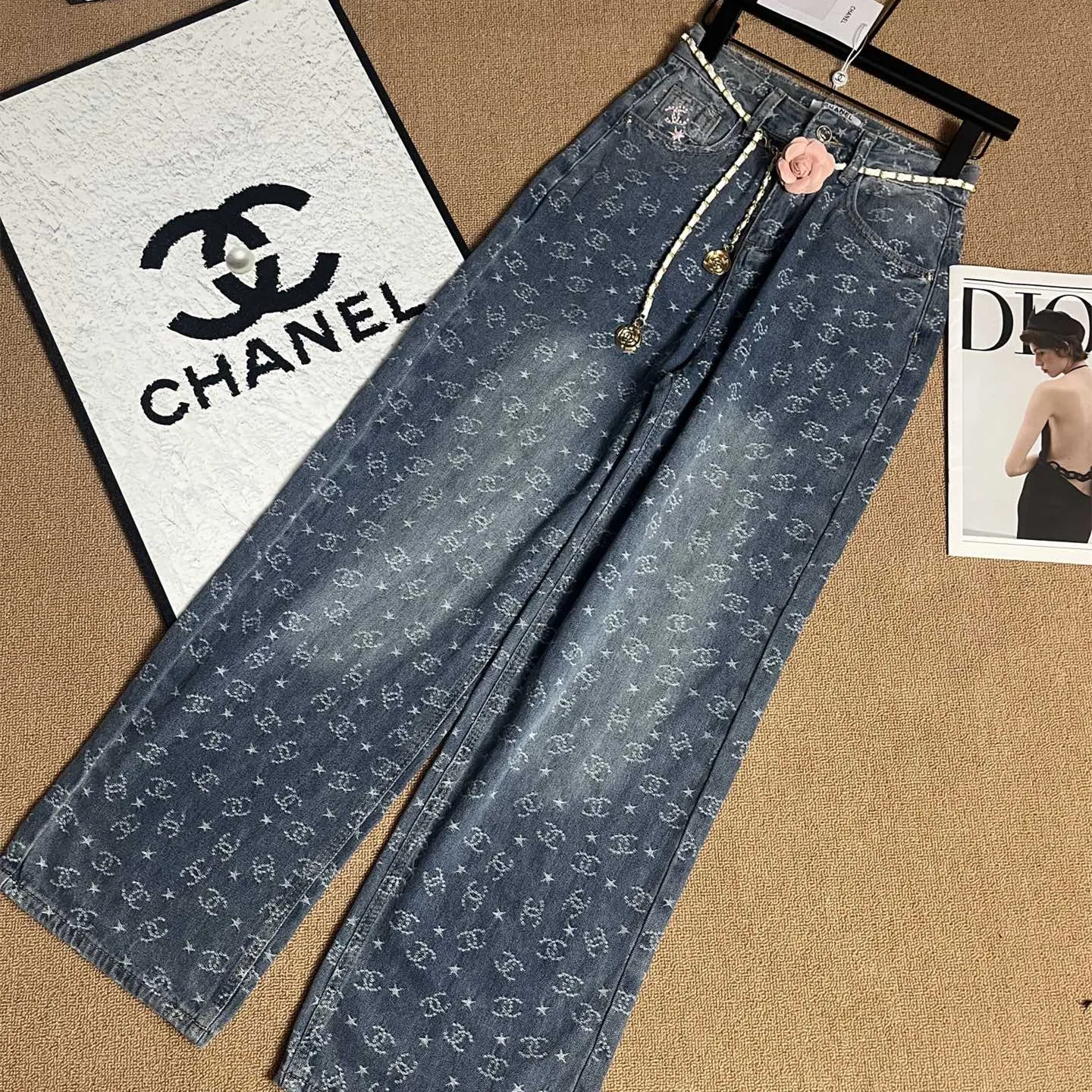 『S-XL』ウエストチェーン おしゃれ 甘カワ 快適 ジャカード フルプリント デニム ワイドパンツ