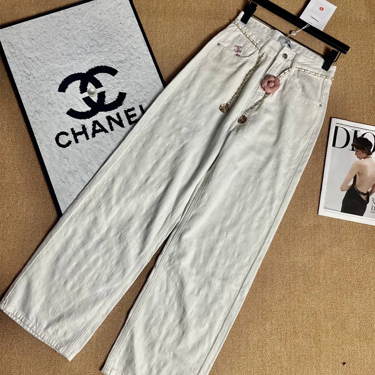 『S-XL』ウエストチェーン おしゃれ 甘カワ 快適 ジャカード フルプリント デニム ワイドパンツ