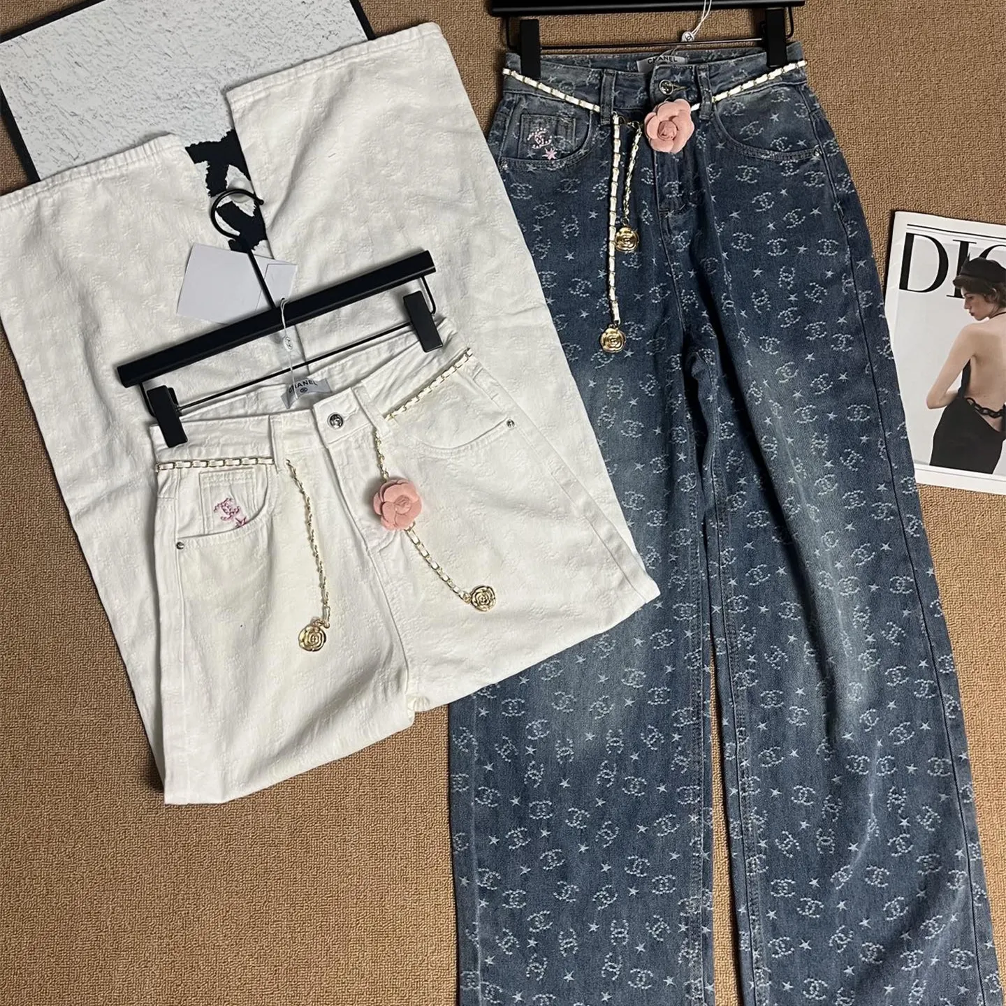 『S-XL』ウエストチェーン おしゃれ 甘カワ 快適 ジャカード フルプリント デニム ワイドパンツ