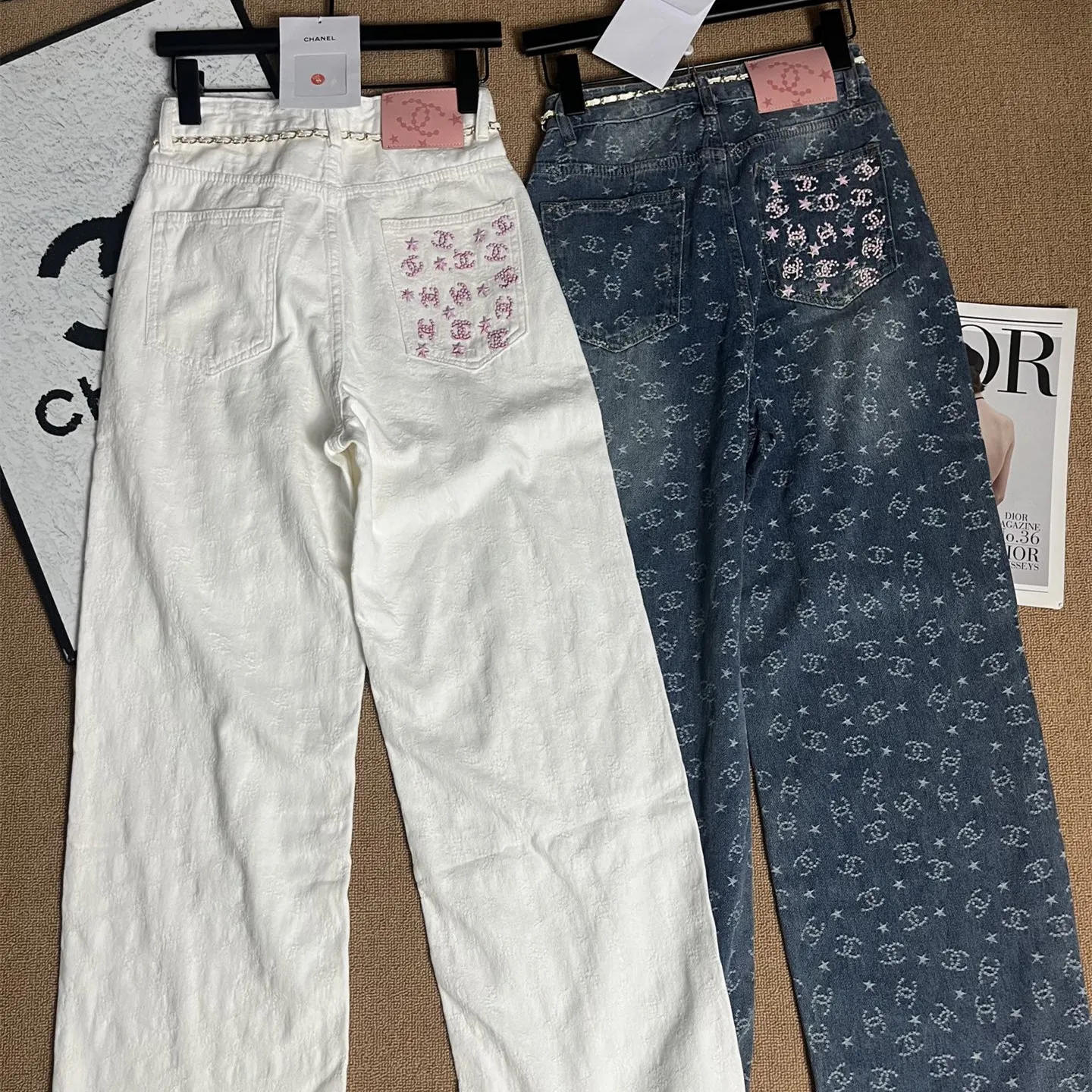 『S-XL』ウエストチェーン おしゃれ 甘カワ 快適 ジャカード フルプリント デニム ワイドパンツ