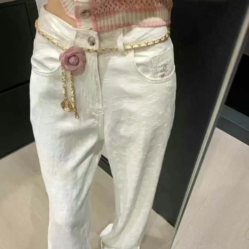 『S-XL』ウエストチェーン おしゃれ 甘カワ 快適 ジャカード フルプリント デニム ワイドパンツ