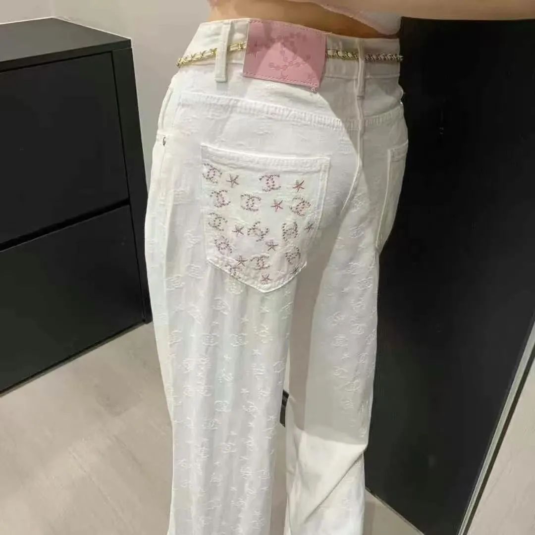 『S-XL』ウエストチェーン おしゃれ 甘カワ 快適 ジャカード フルプリント デニム ワイドパンツ