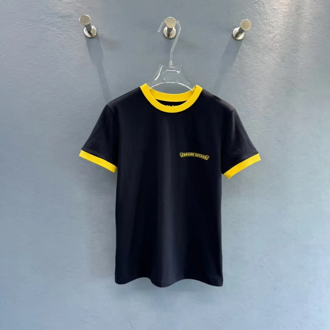 『S-L』トレンドアイテム 通気性 おしゃれ ネイビー イエローロゴ 半袖 Tシャツ