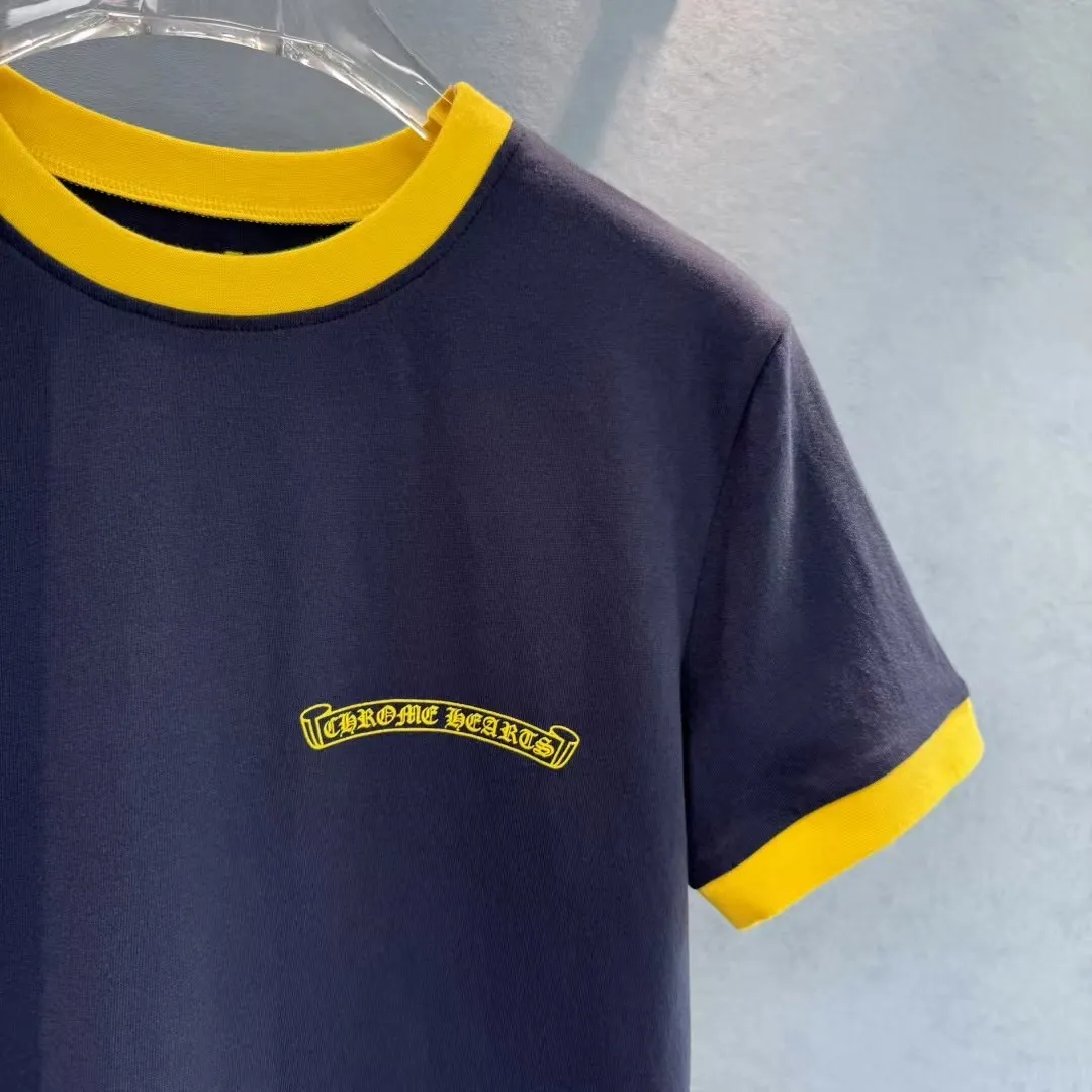 『S-L』トレンドアイテム 通気性 おしゃれ ネイビー イエローロゴ 半袖 Tシャツ
