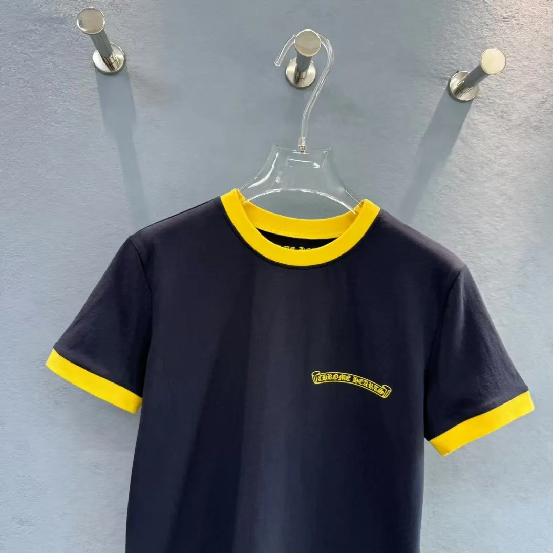 『S-L』トレンドアイテム 通気性 おしゃれ ネイビー イエローロゴ 半袖 Tシャツ