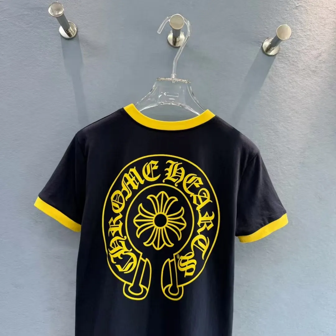 『S-L』トレンドアイテム 通気性 おしゃれ ネイビー イエローロゴ 半袖 Tシャツ