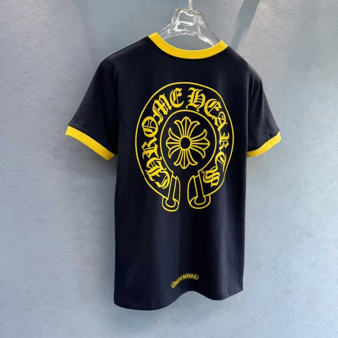 『S-L』トレンドアイテム 通気性 おしゃれ ネイビー イエローロゴ 半袖 Tシャツ