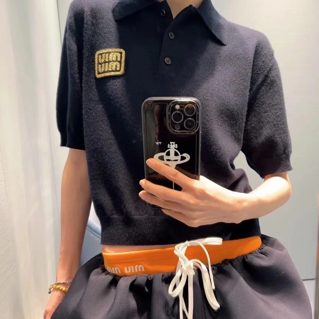 『S-L』早春 新作 ユニーク ルーズ ナチュラル レトロ プレイフル 金糸 エンブレム ロゴ ポロ ストライプ 半袖 ニット