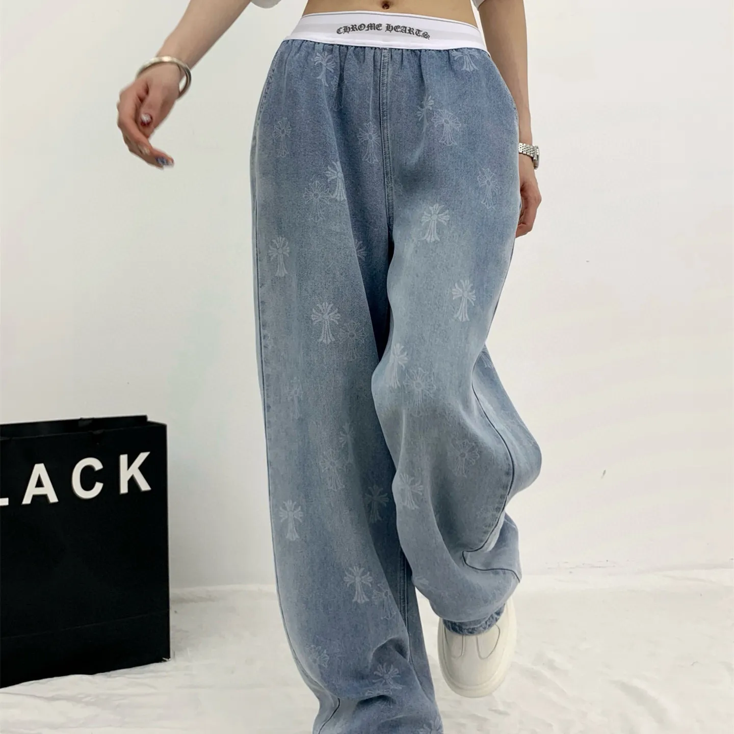 『S-L』新作 高品質 高級感 ダブルC ボタン リベット ウォッシュ 加工 カラー ブロック テンセル ジーンズ