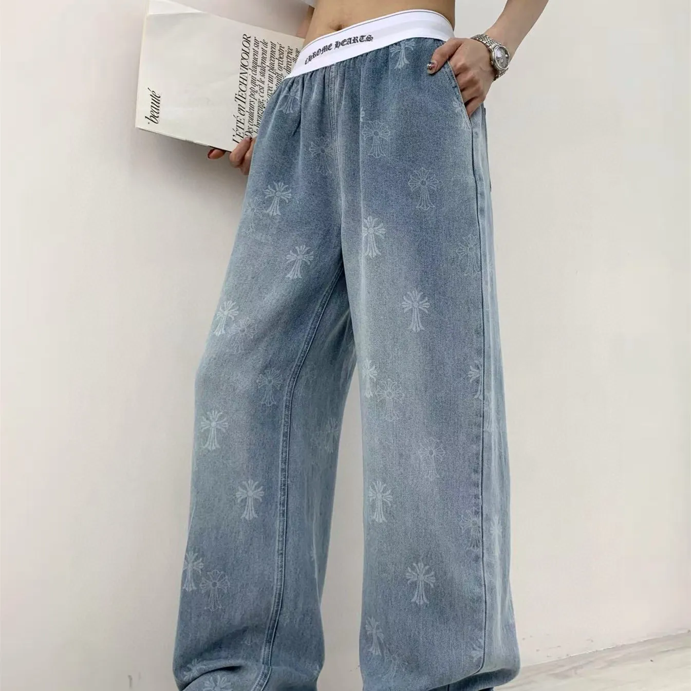 『S-L』新作 高品質 高級感 ダブルC ボタン リベット ウォッシュ 加工 カラー ブロック テンセル ジーンズ