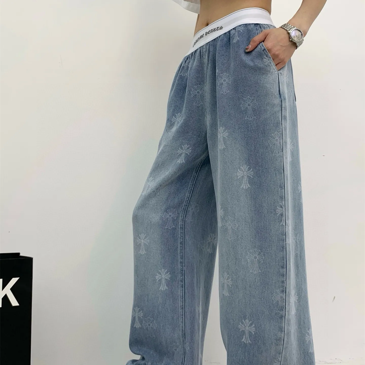『S-L』新作 高品質 高級感 ダブルC ボタン リベット ウォッシュ 加工 カラー ブロック テンセル ジーンズ
