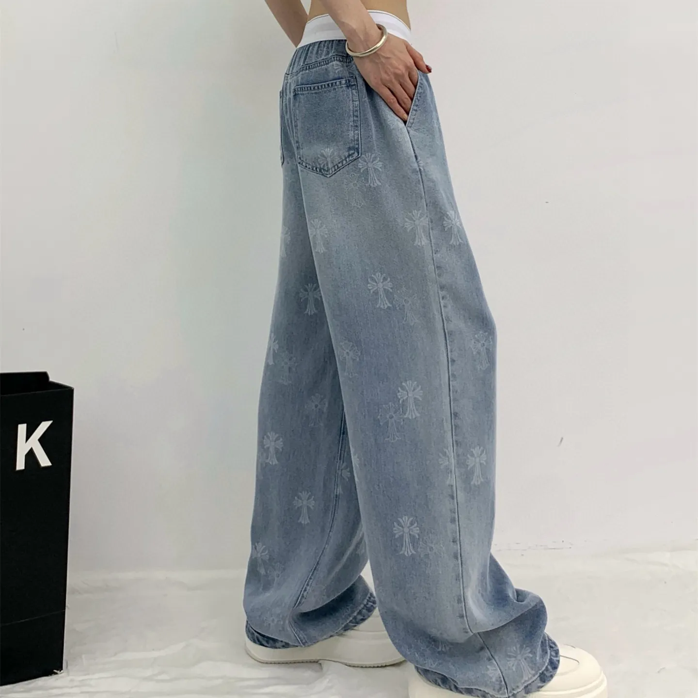 『S-L』新作 高品質 高級感 ダブルC ボタン リベット ウォッシュ 加工 カラー ブロック テンセル ジーンズ